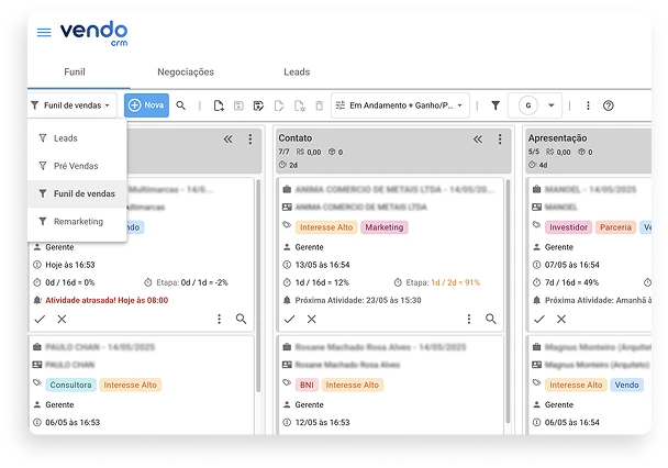 Múltiplos Funis de Vendas do Vendo CRM