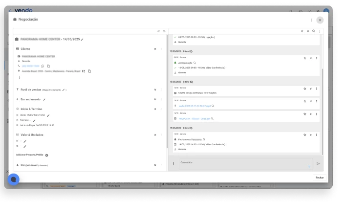 Histórico de Negociações no Vendo CRM