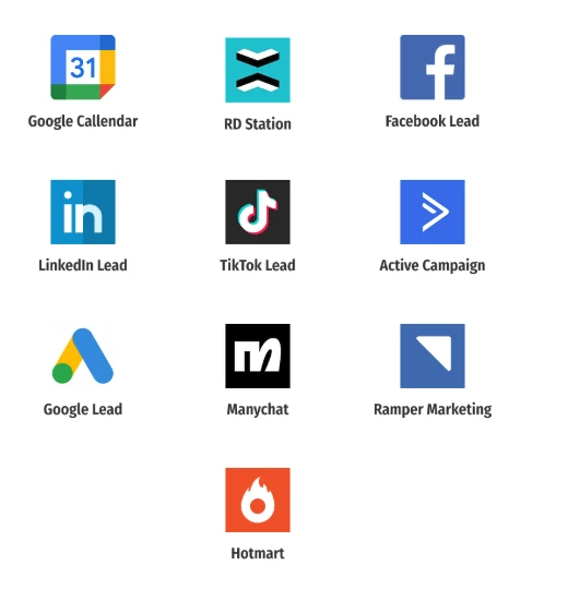 Integrações do Vendo CRM: Google Calendar, RD Station, Facebook Lead, LinkedIn Lead, TikTok Lead, Active Campaign, Google Lead, Manychat, Ramper Marketing, Hotmart