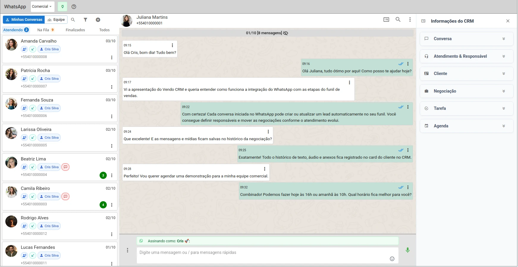 WhatsApp integrado dentro do Vendo CRM com atendimento e histórico