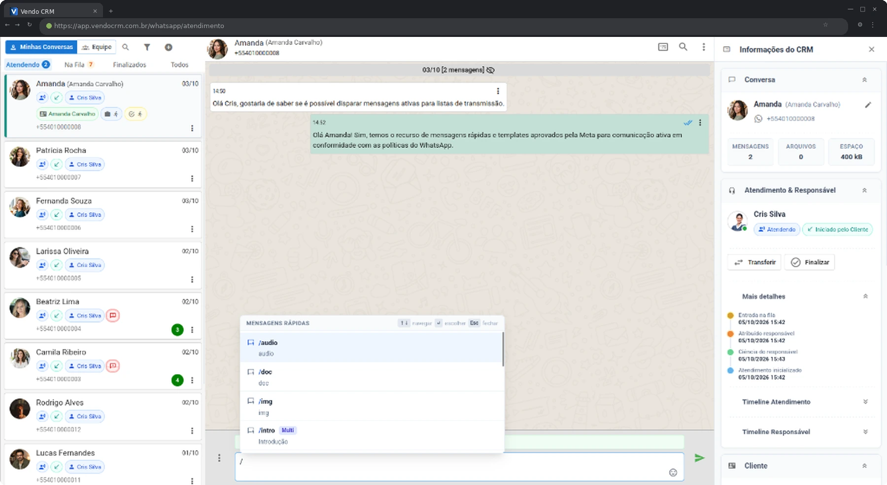 Vendo CRM integrado ao WhatsApp: tela real do atendimento, funil de vendas e mensagens rápidas
